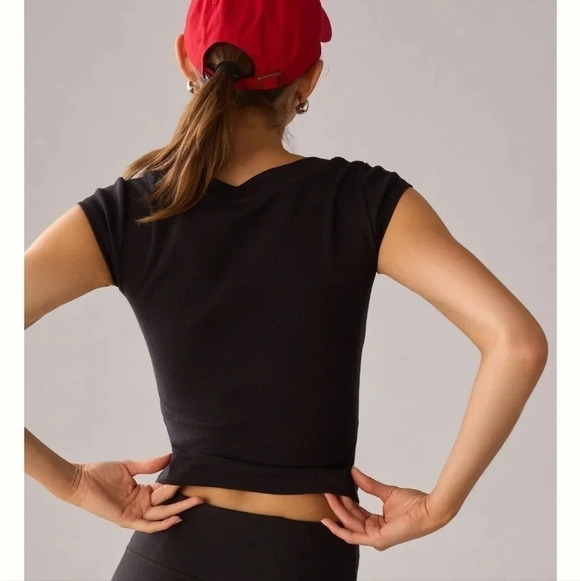 NWOT Pilcro Anthropologie Square Neck Black Cotton Cap Sleeve Top Shirt M Petite - Picture 2 of 4
